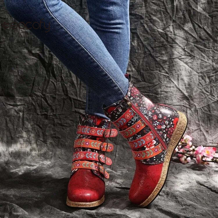 Socofy Women boots Leather Female Retro Printed Metal Buckle Soft Leather Zipper Ankle Boots