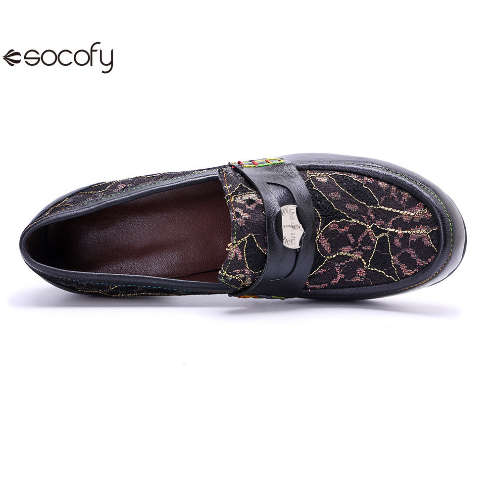 Socofy Leather Patchwork Comfortable Chunky Heeled Loafers Shoes