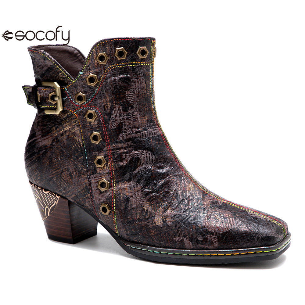 Socofy Vicconfy Genuine Leather Vintage Dark Gothic Women's Boots