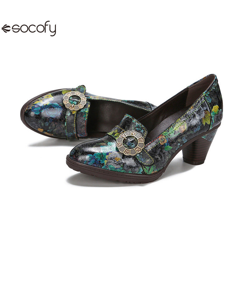 Socofy Vicconfy Round Toe Cowhide Leather Fashion Single Shoes Vintage Flower Heels Women's Shoes