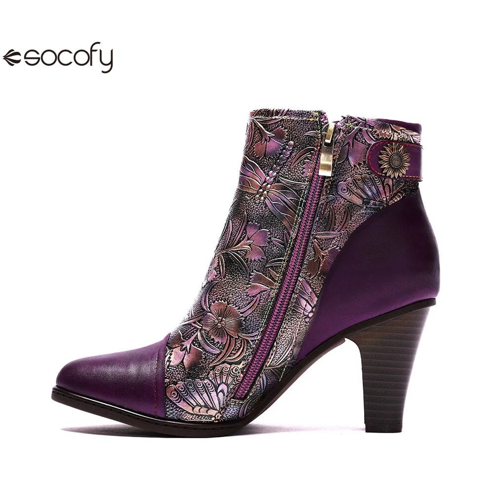 SOCOFY Genuine Leather Retro Handmade Exquisite Embossed Fashion Zip Winter Boots