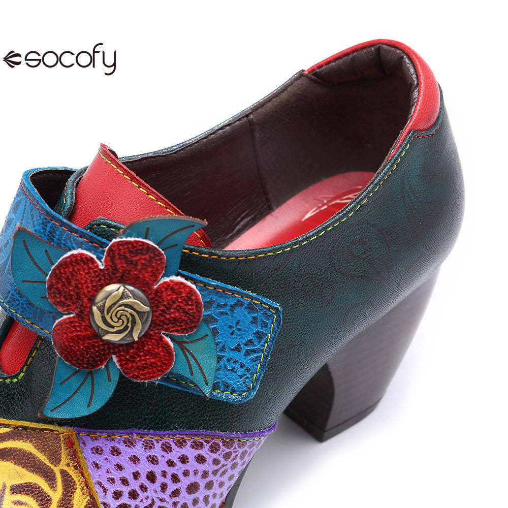 Socofy retro printing splicing ethnic style high heels women's shoes