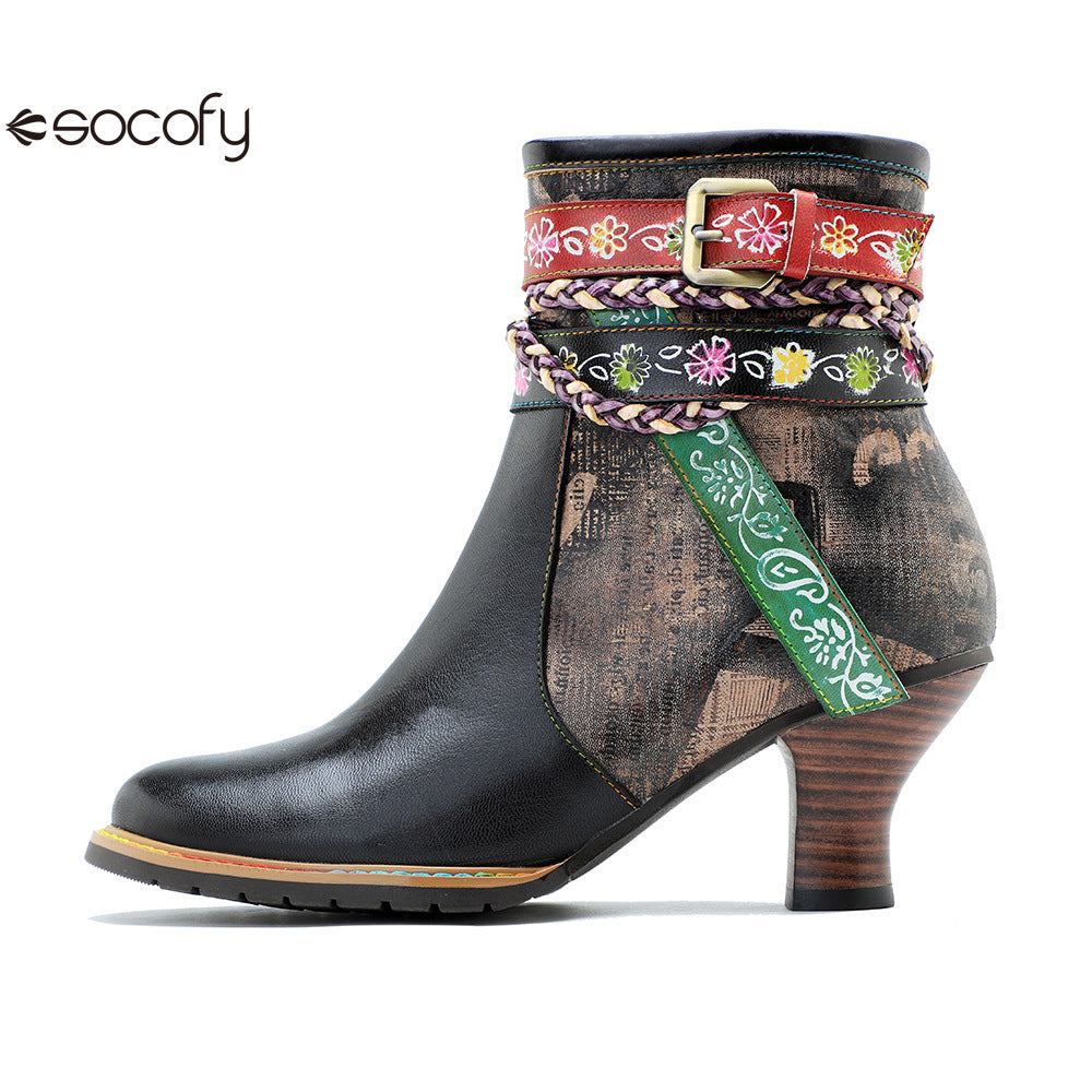 Socofy Vicconfy Genuine Leather Vintage Braided Belt Buckle Boots