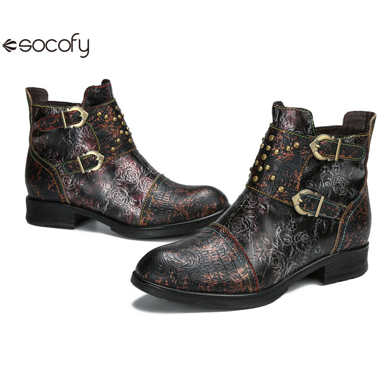 Socofy Vicconfy Genuine Leather Ethnic Vintage Rivet Belt Buckle Boots