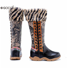 Socofy Vicconfy Printed Patchwork Padded Comfort Flat High Boots