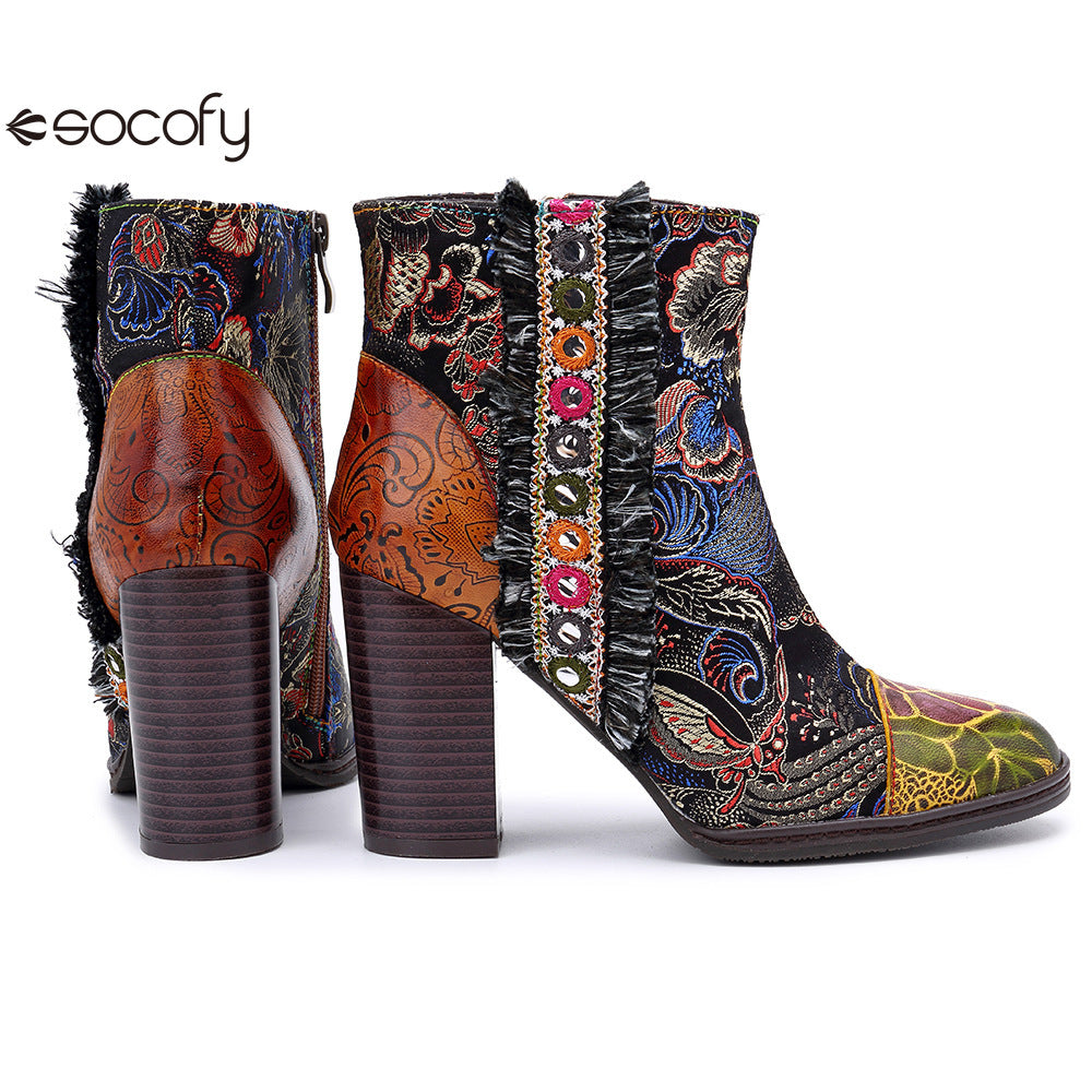 Socofy Vicconfy Genuine Leather Retro Court Style Chunky Heel Shiny Women's Boots