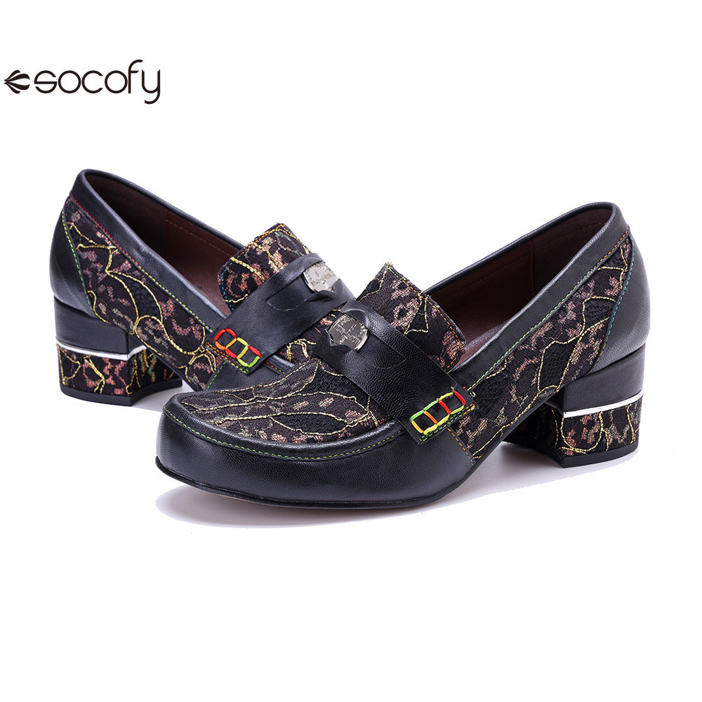 Socofy Leather Patchwork Comfortable Chunky Heeled Loafers Shoes