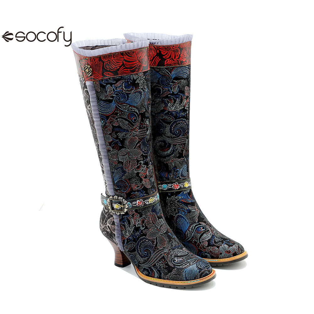 Socofy Genuine Leather Vintage Boots Warm Lace Side Heeled Boots