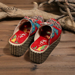 Socofy Genuine Leather Hand-painted Flower Summer Platform Slippers