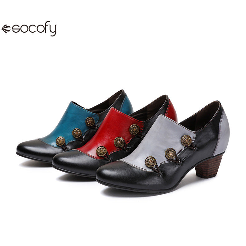 Socofy Vicconfy Genuine Leather Ethnic Style Handmade Vintage Literary Buckle Heels