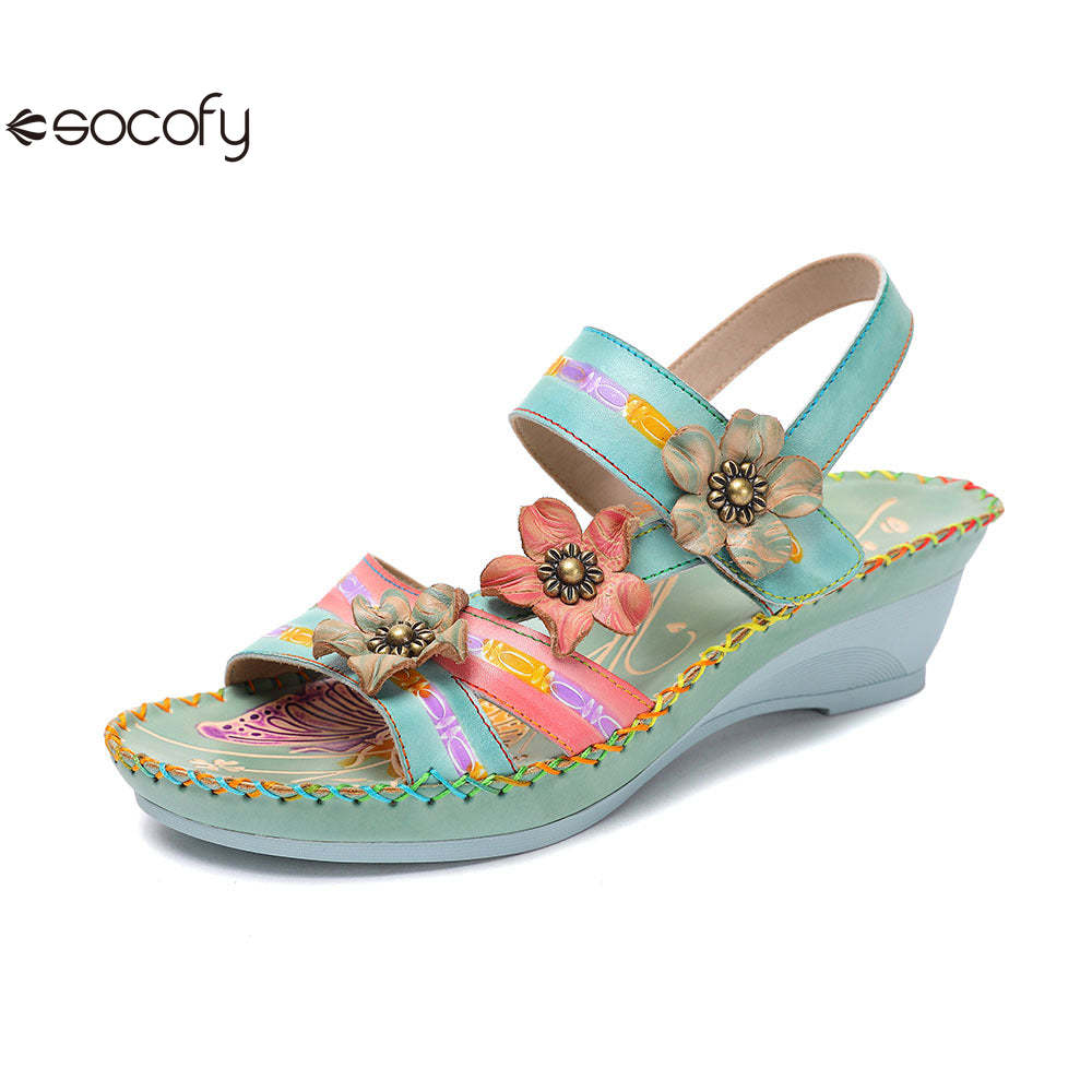 Socofy Vicconfy Genunie Leather Floral Handmade Women's Sandals