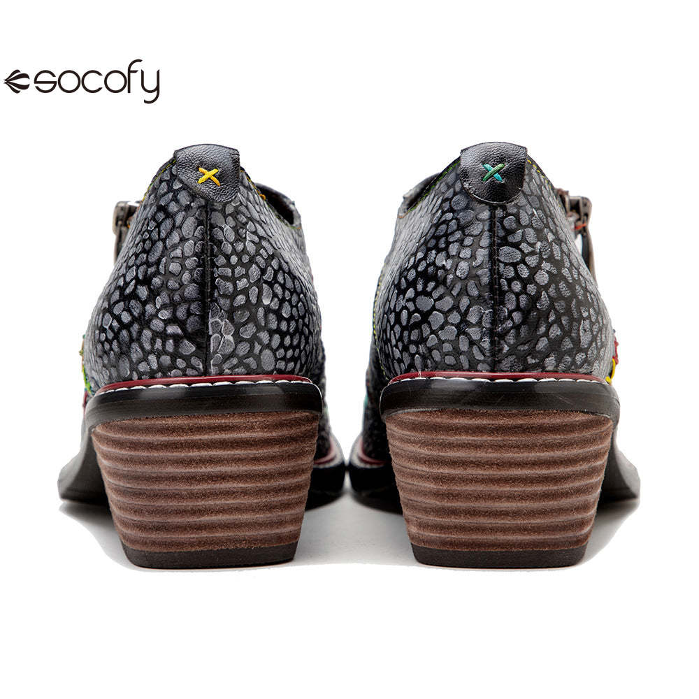 Socofy spring leather zipper Deco Chunky Heels women's shoes