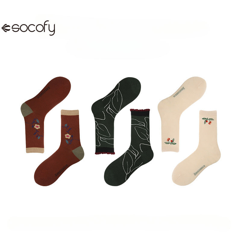 Socofy Vintage mid-calf socks for women combed cotton fashion socks