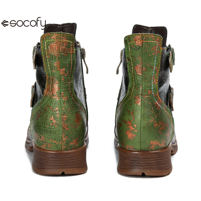 Socofy Vicconfy Genuine Leather Ethnic Vintage Rivet Belt Buckle Boots