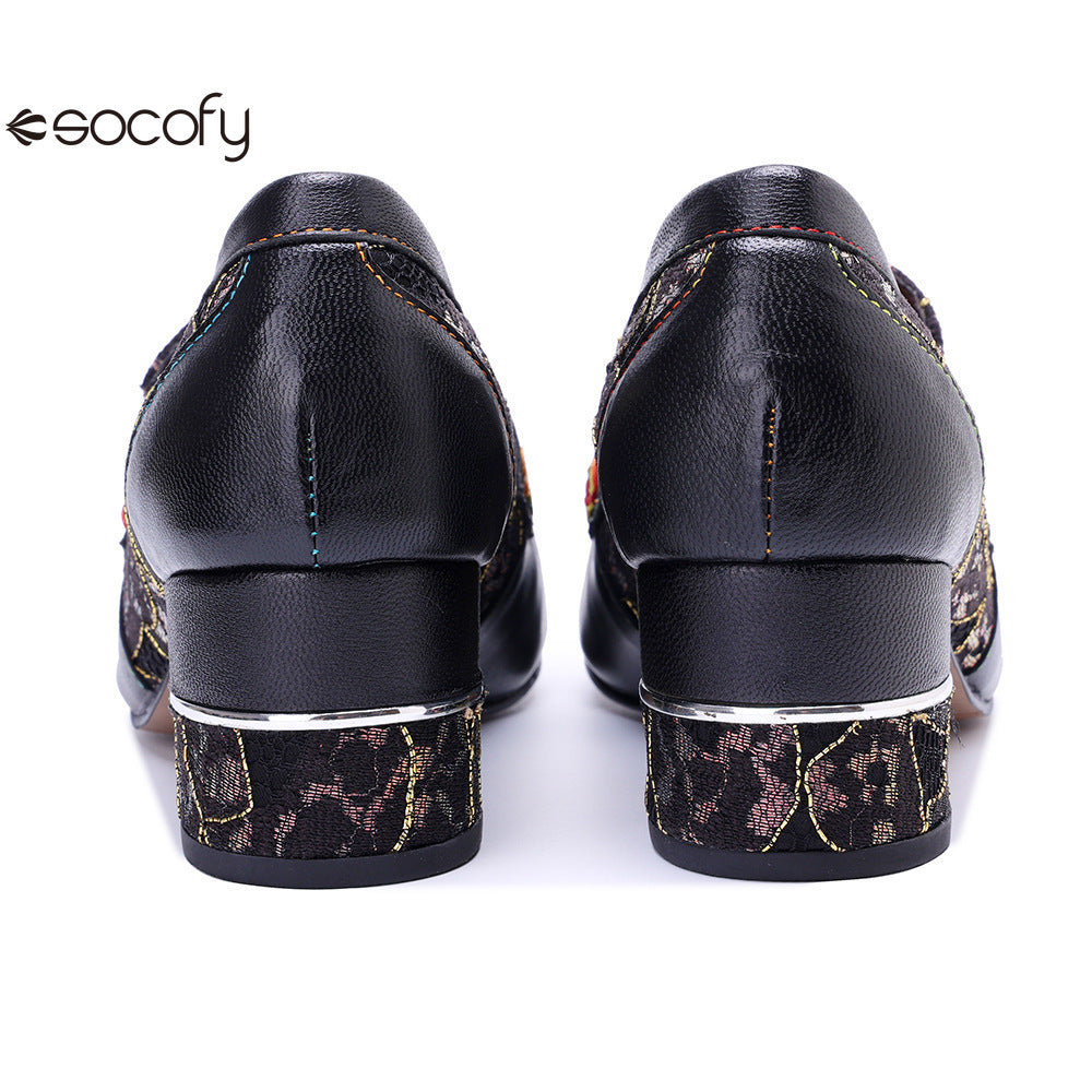 Socofy Leather Patchwork Comfortable Chunky Heeled Loafers Shoes