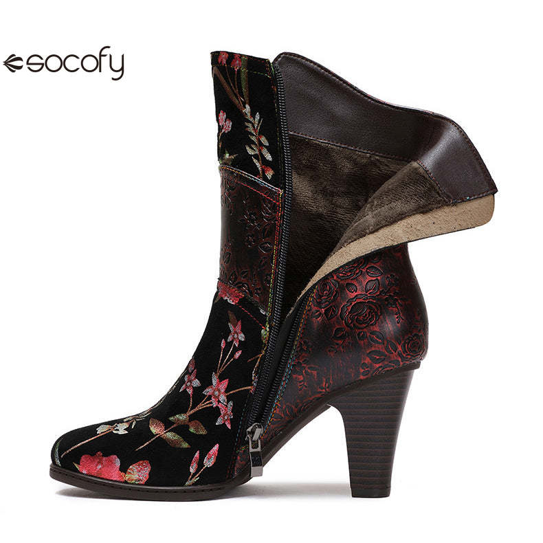 Socofy Vicconfy Court Leather Vintage Handmade High Heel Women's Boots