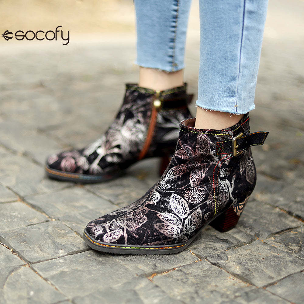 Socofy Autumn and Winter Retro Metal Reflective Colour Elegant Chunky Heel Women's Boots