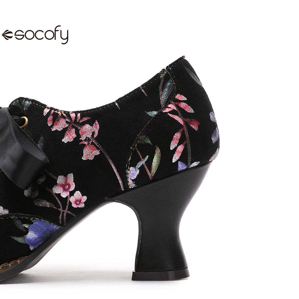 Socofy Flower Antique Style High Heel Round Toe Women's Shoes