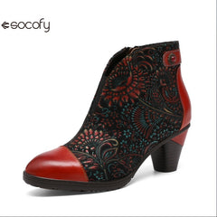 Socofy Vicconfy Vintage Floral Handmade Heeled Ankle Boots