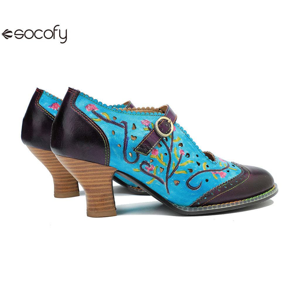 Socofy genuine leather hand-rubbed hollow flower high heels for women