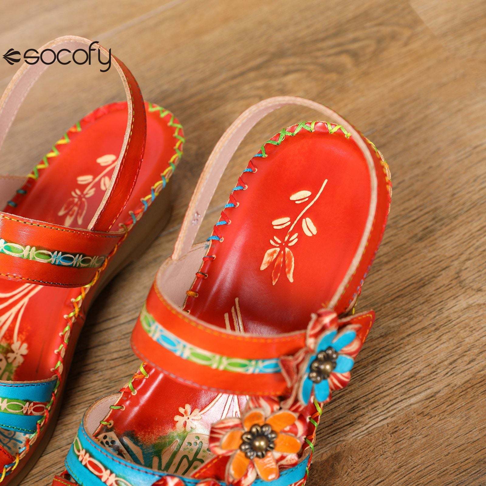 Socofy Vicconfy Summer genuine leather ethnic style wedge heel retro casual fashion flower decorated sandals