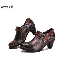 Socofy Ethnic style thick heel retro shoes pumps