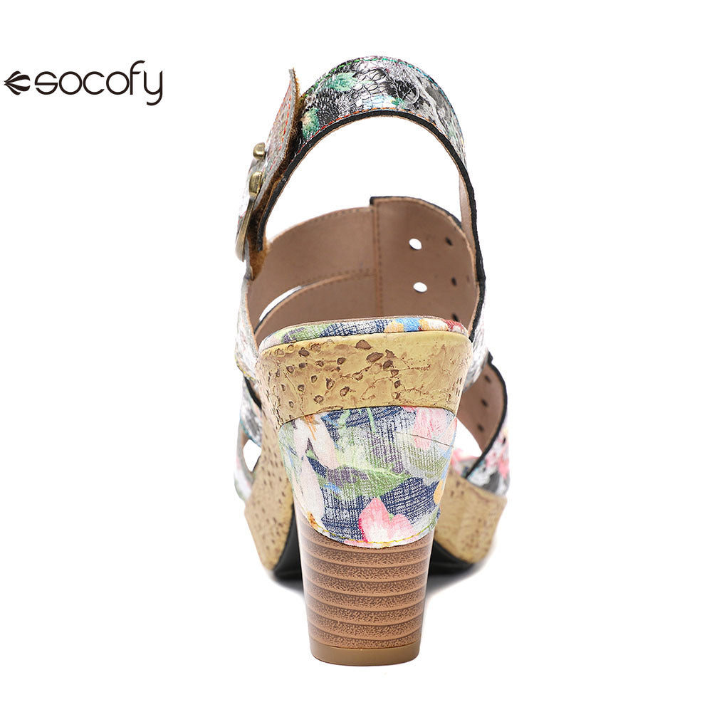 Socofy Vicconfy Leather Floral Heeled Black Sandals