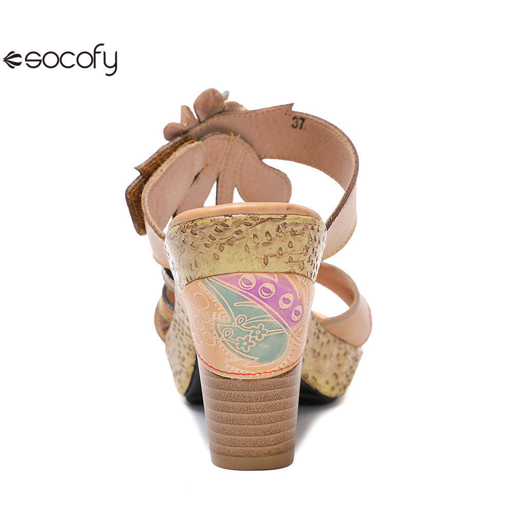 Socofy Vicconfy Flower Patchwork Head Cowhide High Heel Women's Sandals Slippers