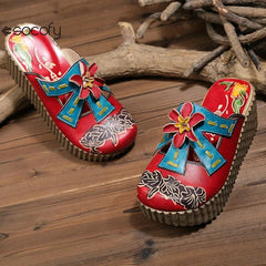 Socofy Genuine Leather Hand-painted Flower Summer Platform Slippers