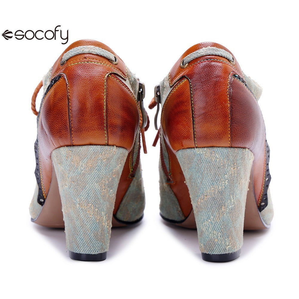 Socofy Genuine Leather Retro Fashion Lace Up Heels pumps