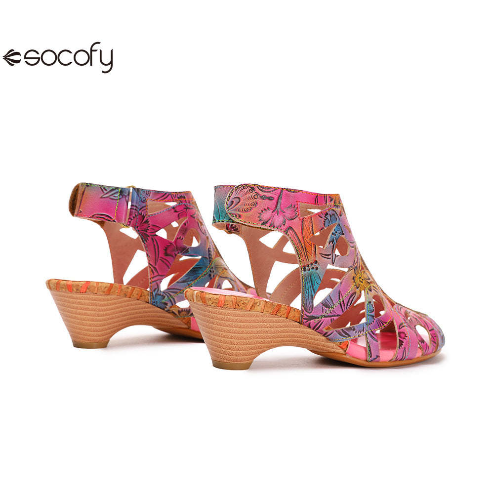 Socofy Summer ethnic style cowhide retro casual fish mouth women's sandals