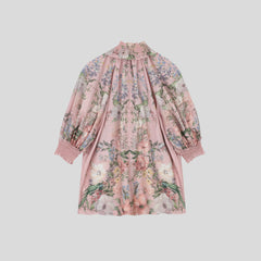 Border floral stand collar loose three-quarter sleeve midi top