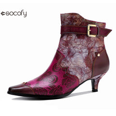 Socofy Leather Printed Patchwork Belt Buckle Slim Heel Women's Boots