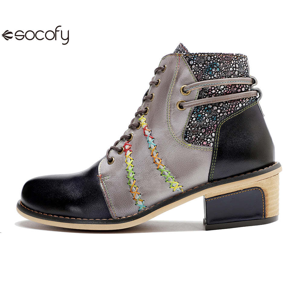 Socofy Vicconfy Handmade Leather Scuffed Vintage Women's Boots