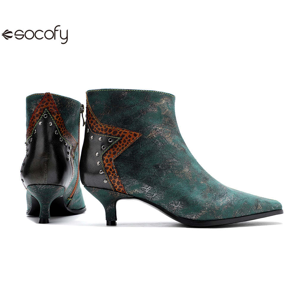 Socofy French Retro Metallic Dark Studded Studded Wrap Heel Design Slim Heel Women's Boots