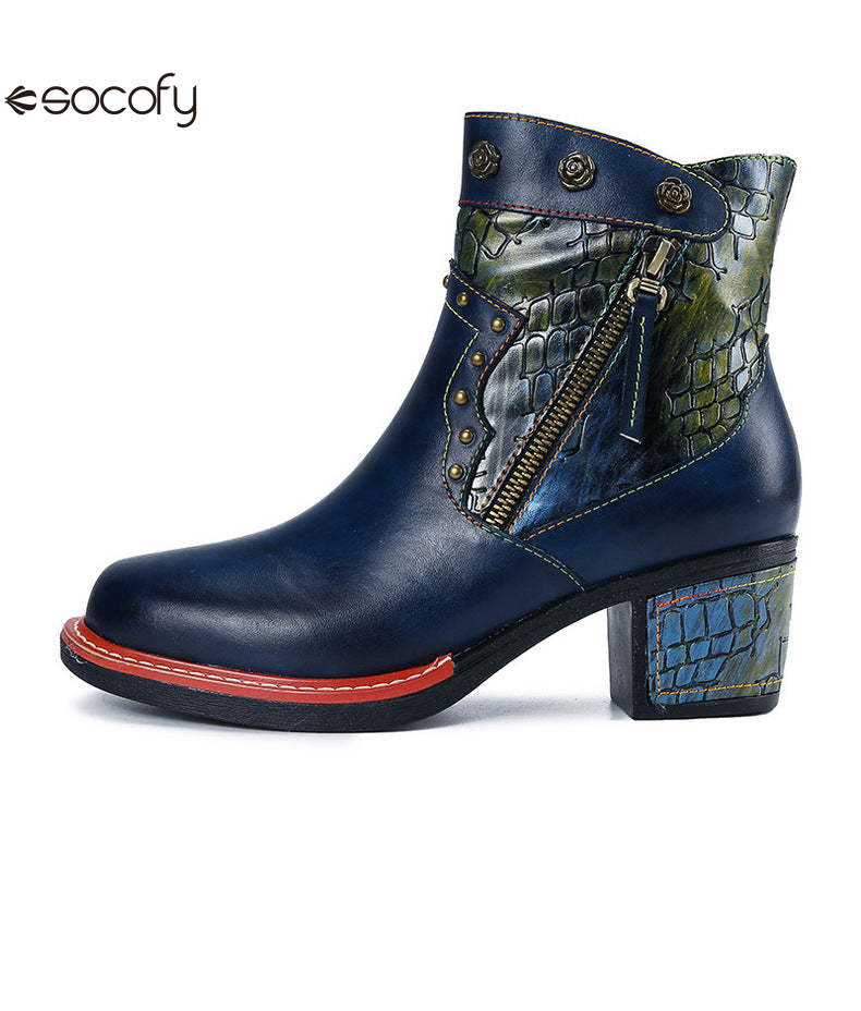 Socofy Vicconfy Women's Martin Boots Leather Patchwork Ethnic Vintage Short Boots