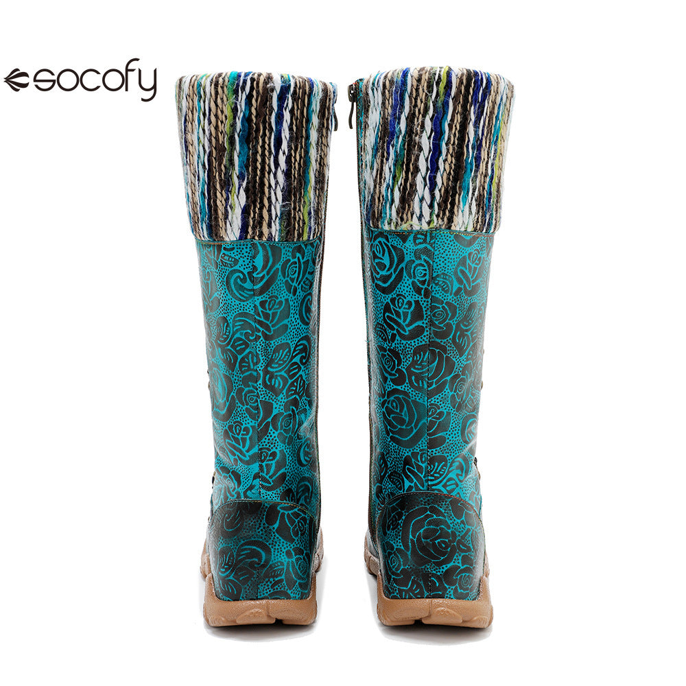 Socofy Genuine Leather Vintage Printed Wool Lace Up Comfortable Flat High Boots