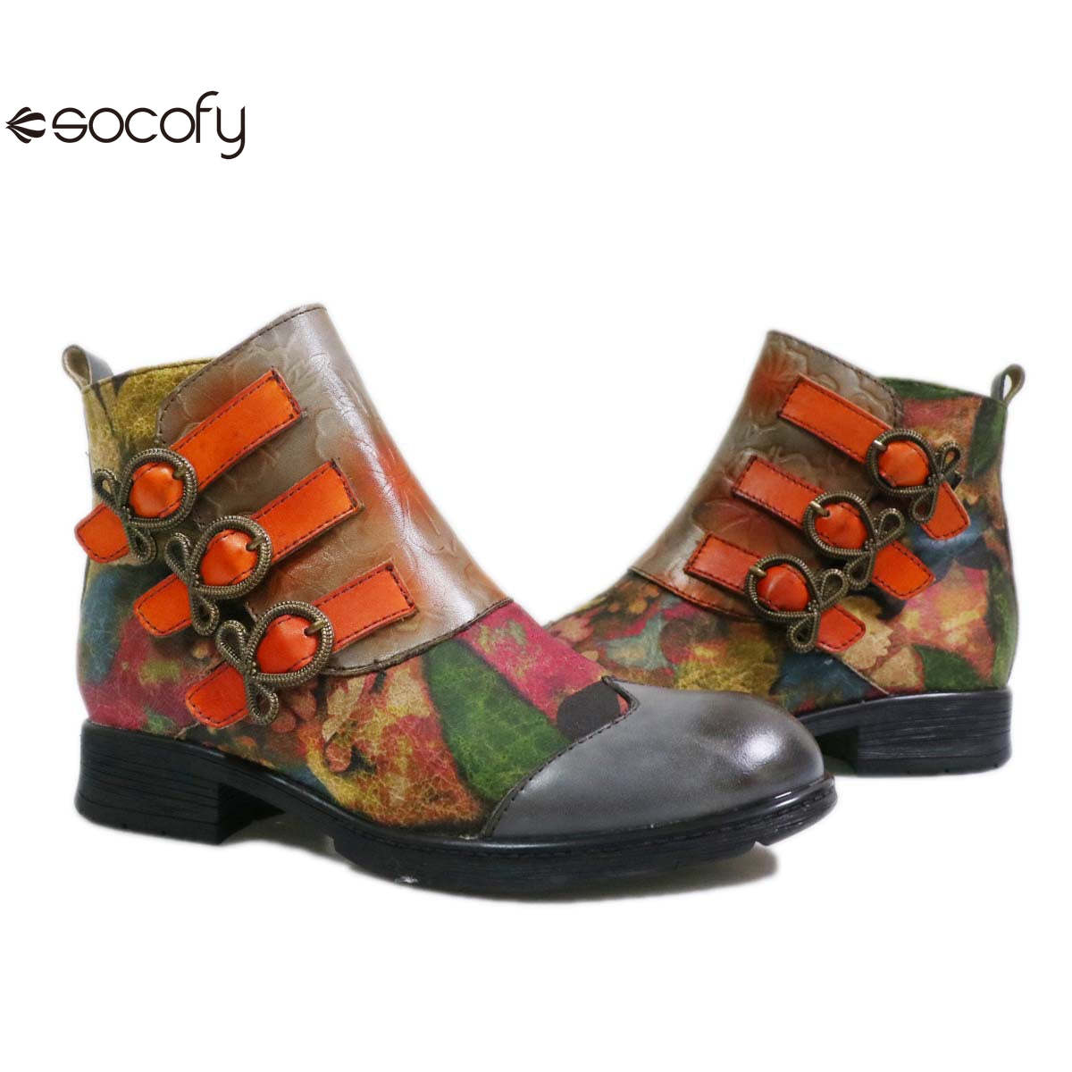 Socofy Low-top genuine leather brown round toe trendy women's fashion boots