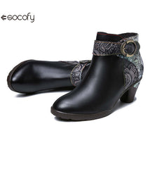 Socofy Vicconfy Vintage Cowhide Leather Boots Fashion Boots Mid Heel Women's Shoes