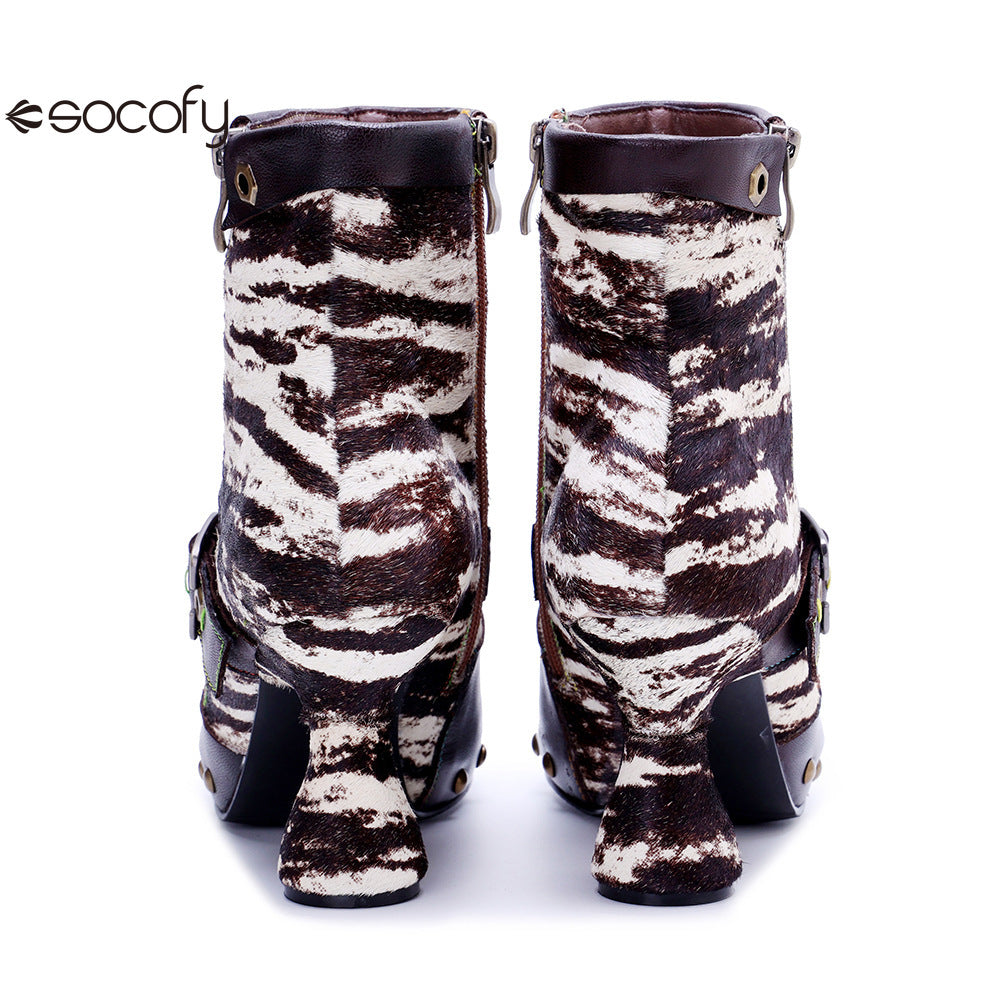 Socofy Vicconfy Retro Handmade Zebra Pattern Buckle Ankle Boots