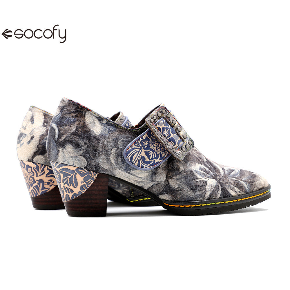 Socofy  Vicconfy Genuine Leather Vintage Style Water Print High Heeled Single Shoes