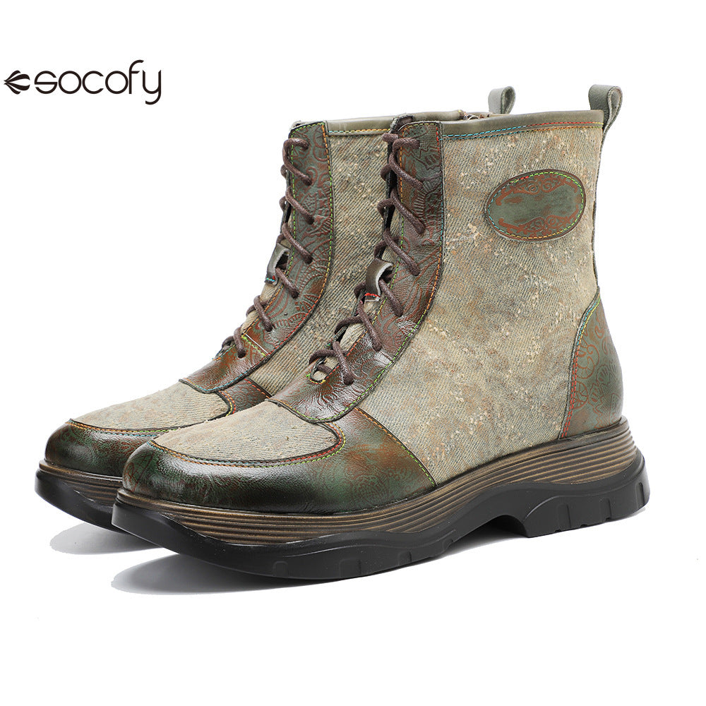 Socofy Vicconfy Genuine Leather Vintage Lace-Up Comfort Boots