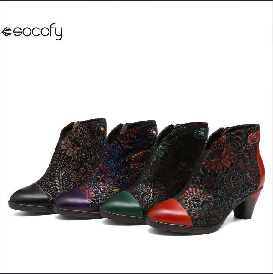 Socofy Vicconfy Vintage Floral Handmade Heeled Ankle Boots