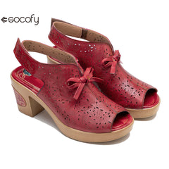 Socofy Summer Leather Retro Hollow Out High Heel Sandals