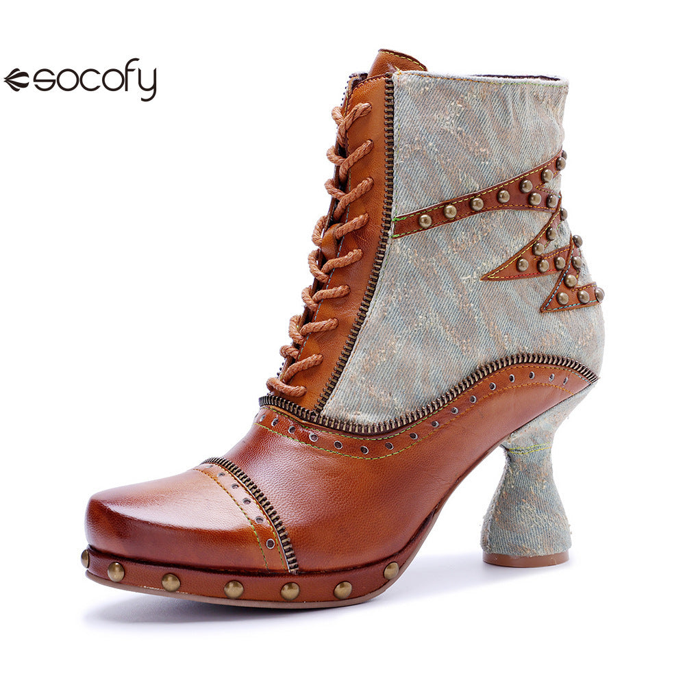 Socofy Vicconfy Retro Handmade Pachwork Fashionable Ankle Boots