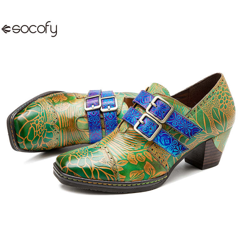 Socofy genuine leather green printed pastoral style retro thick heel women's high heels