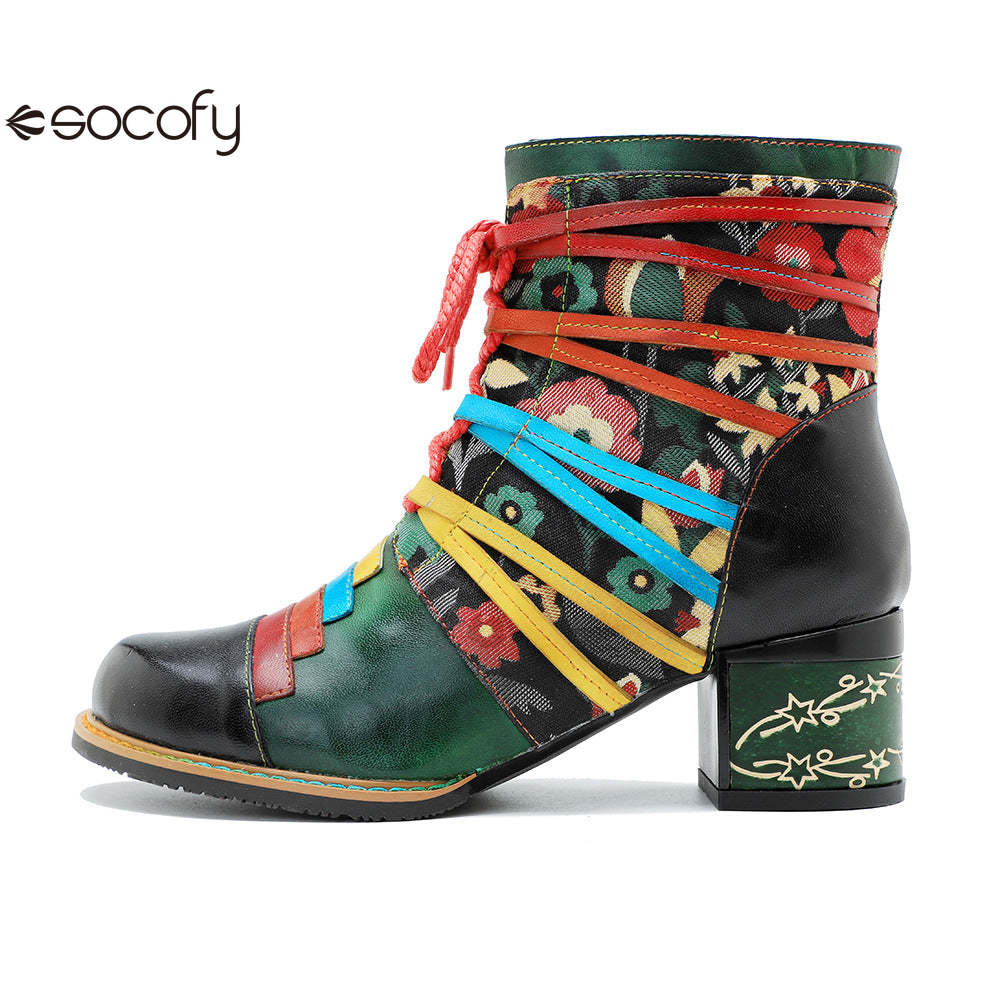 Socofy Vicconfy Handmade Genuine Leather Printed Patchwork Colorful Strappy Chunky Heel Women's Boots