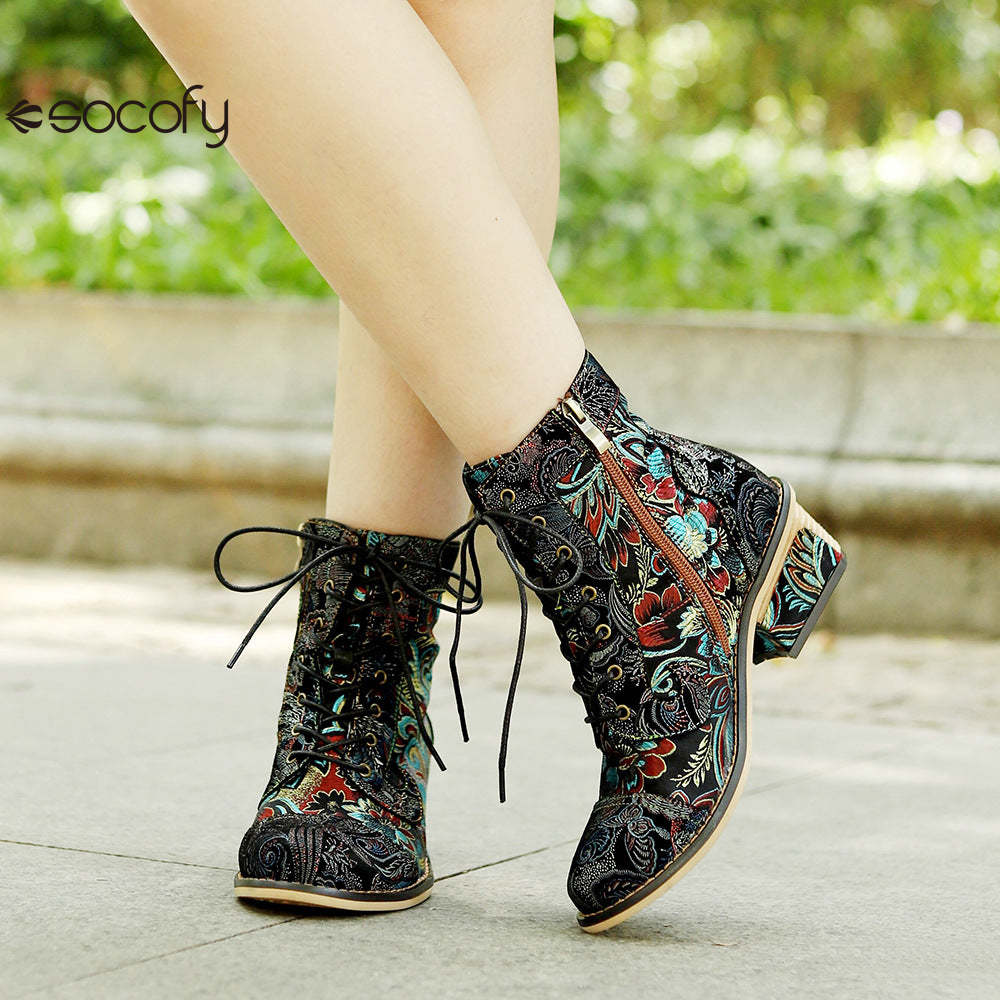 Socofy Vicconfy Vintage Printed Embroidered Casual Women's Boots