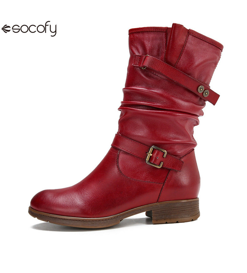 Socofy Vicconfy Genuine Leather Buckle Deco Cowhide Flat Long Boots