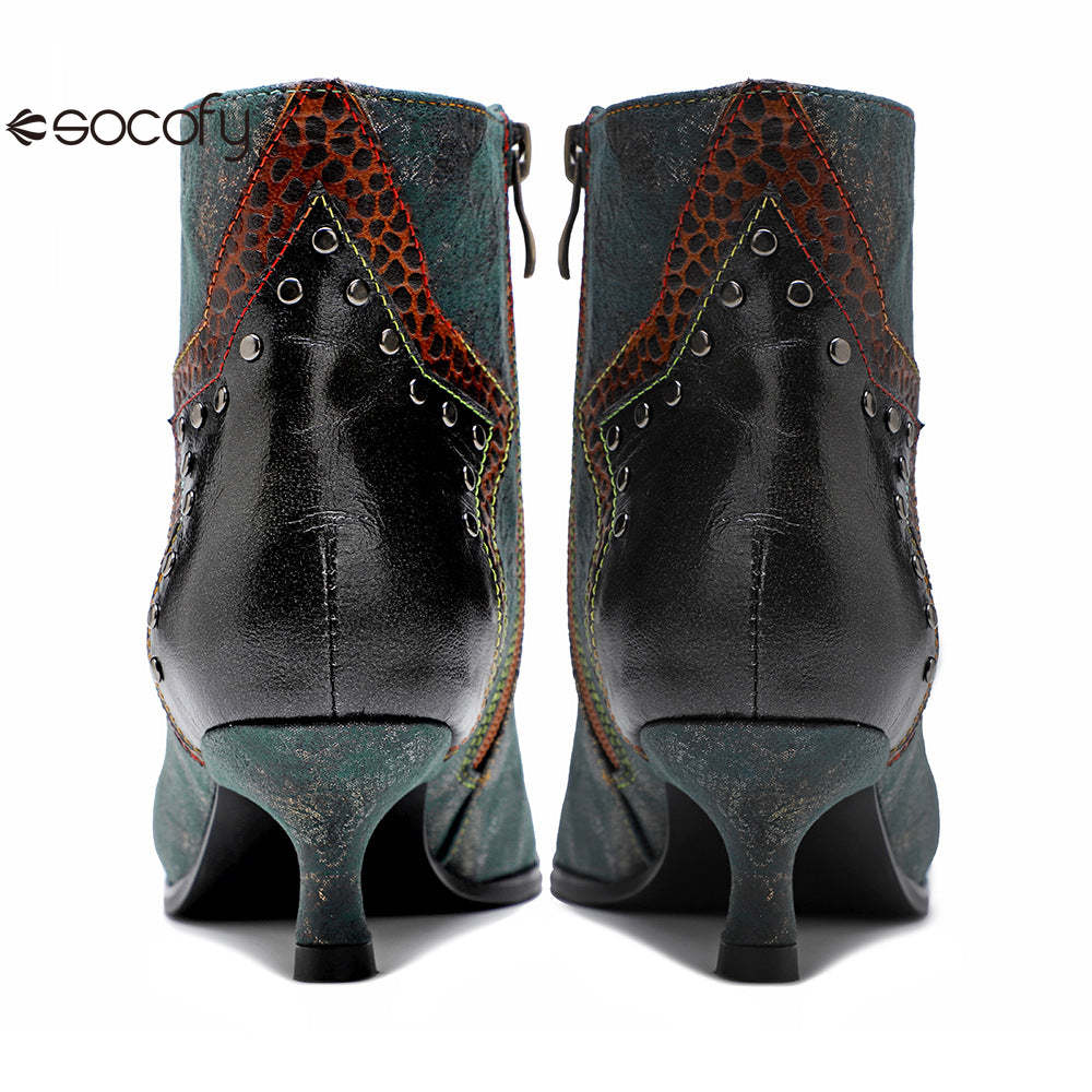 Socofy French Retro Metallic Dark Studded Studded Wrap Heel Design Slim Heel Women's Boots